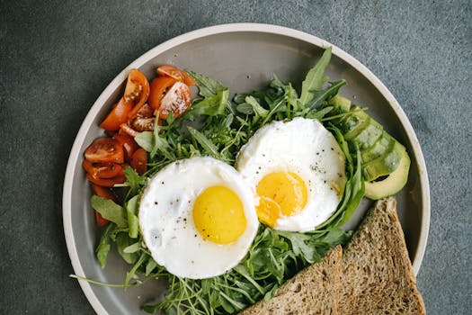 balanced breakfast with eggs and vegetables